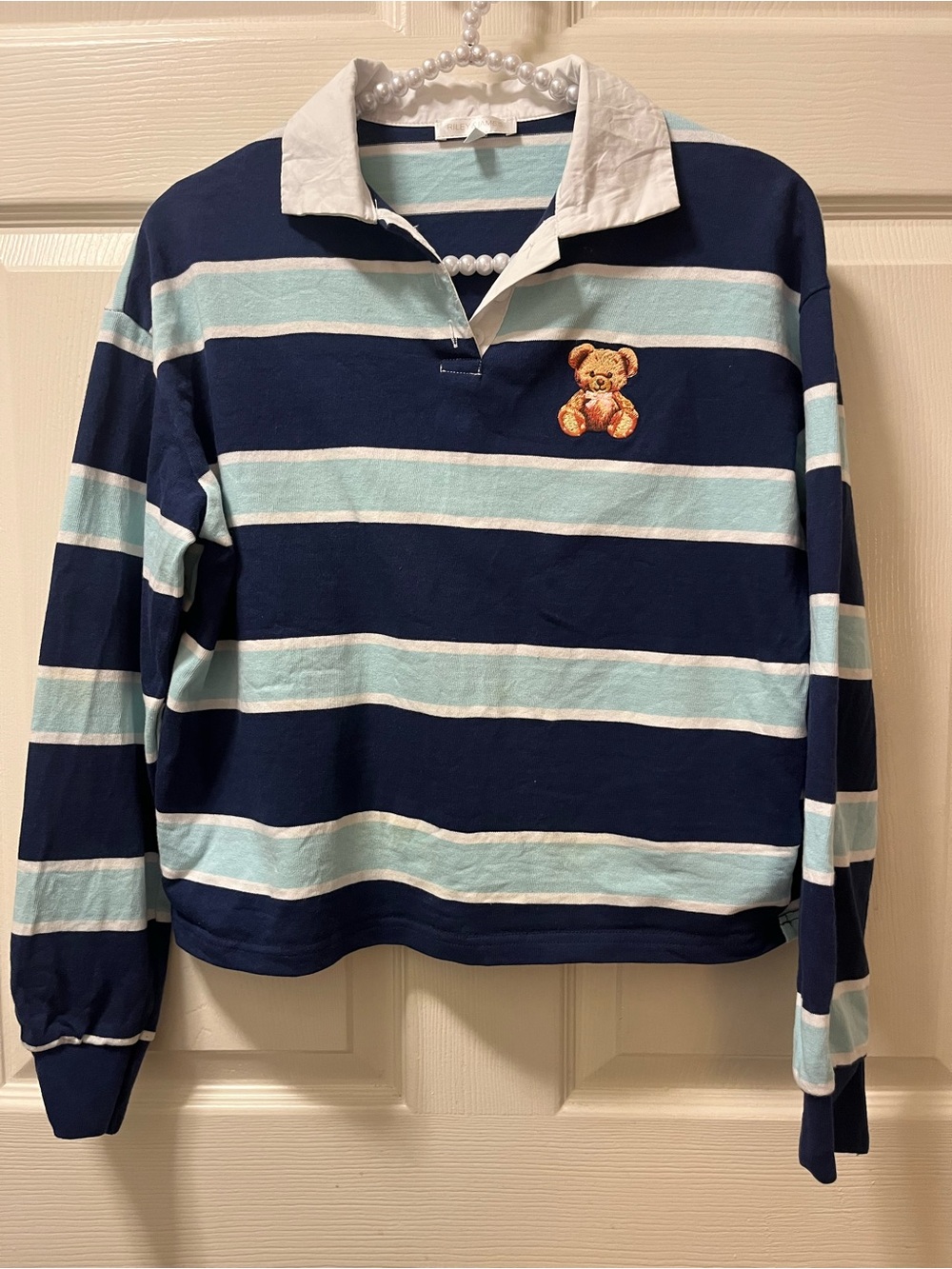 Riley and James Cropped Rugby Striped Shirt. Navy Lt Blue and White Size‎ XS